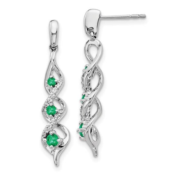 14k White Gold Diamond & Emerald Post Dangle Earrings